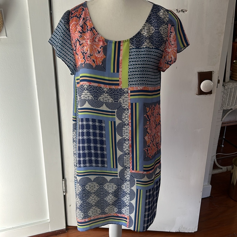 Rare women’s Calypso by St. Barth Patchwork coral blue floral Print shift Dress